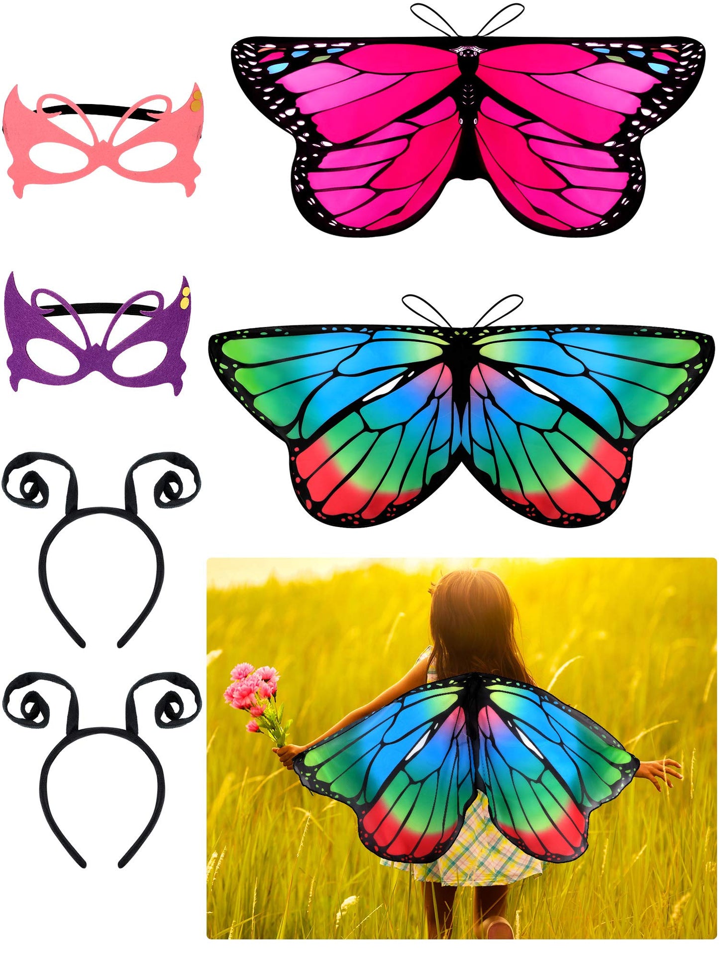 Gejoy 6 Pieces Butterfly Costume With Mask Antenna Headband For Kids Halloween Party (Stylish Style)