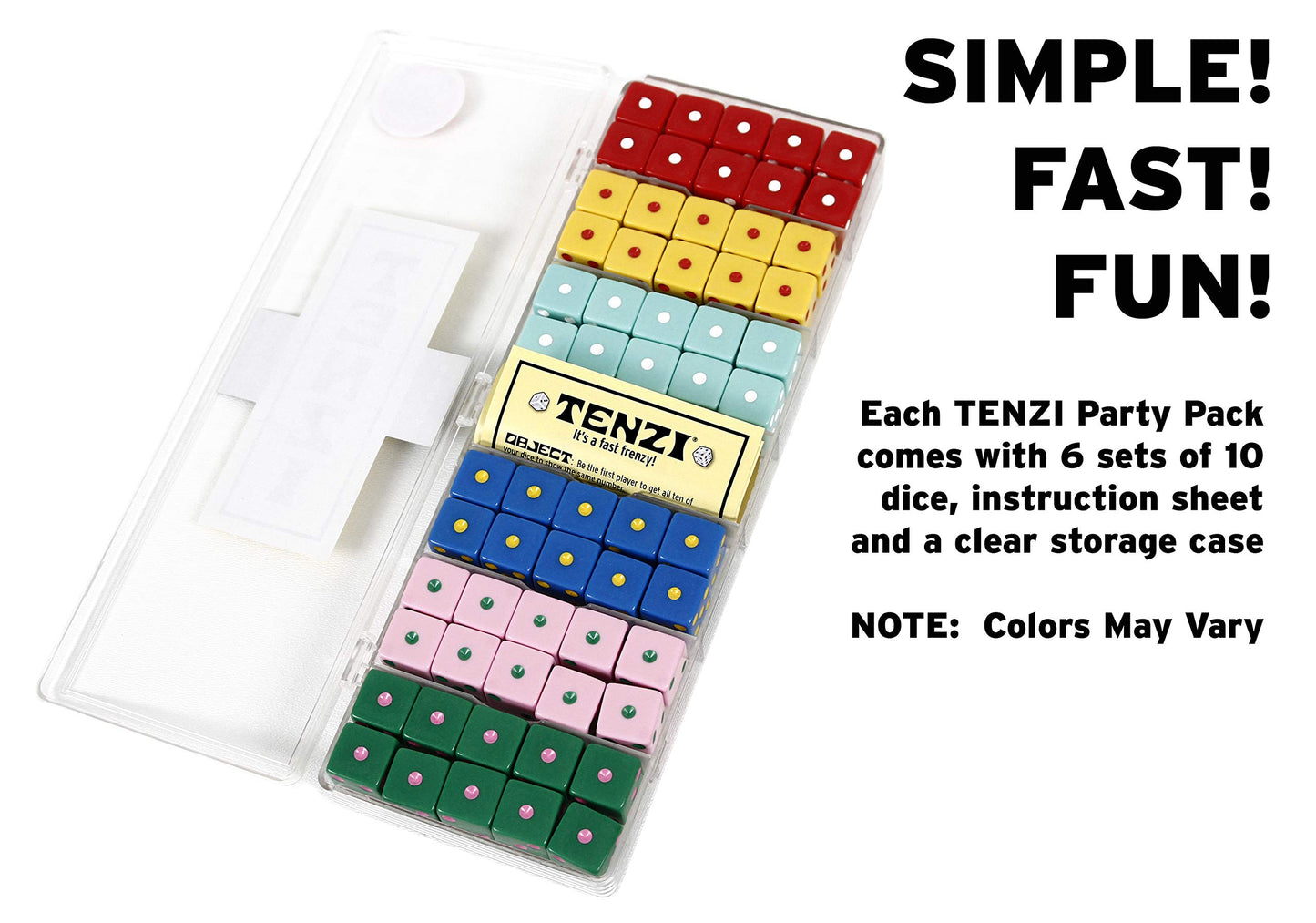 Tenzi Party Pack Dice Game Bundle With 77 Ways To Play A Fun, Fast Frenzy For The Whole Family - 6 Sets Of 10 Colored Dice - Colors May Vary