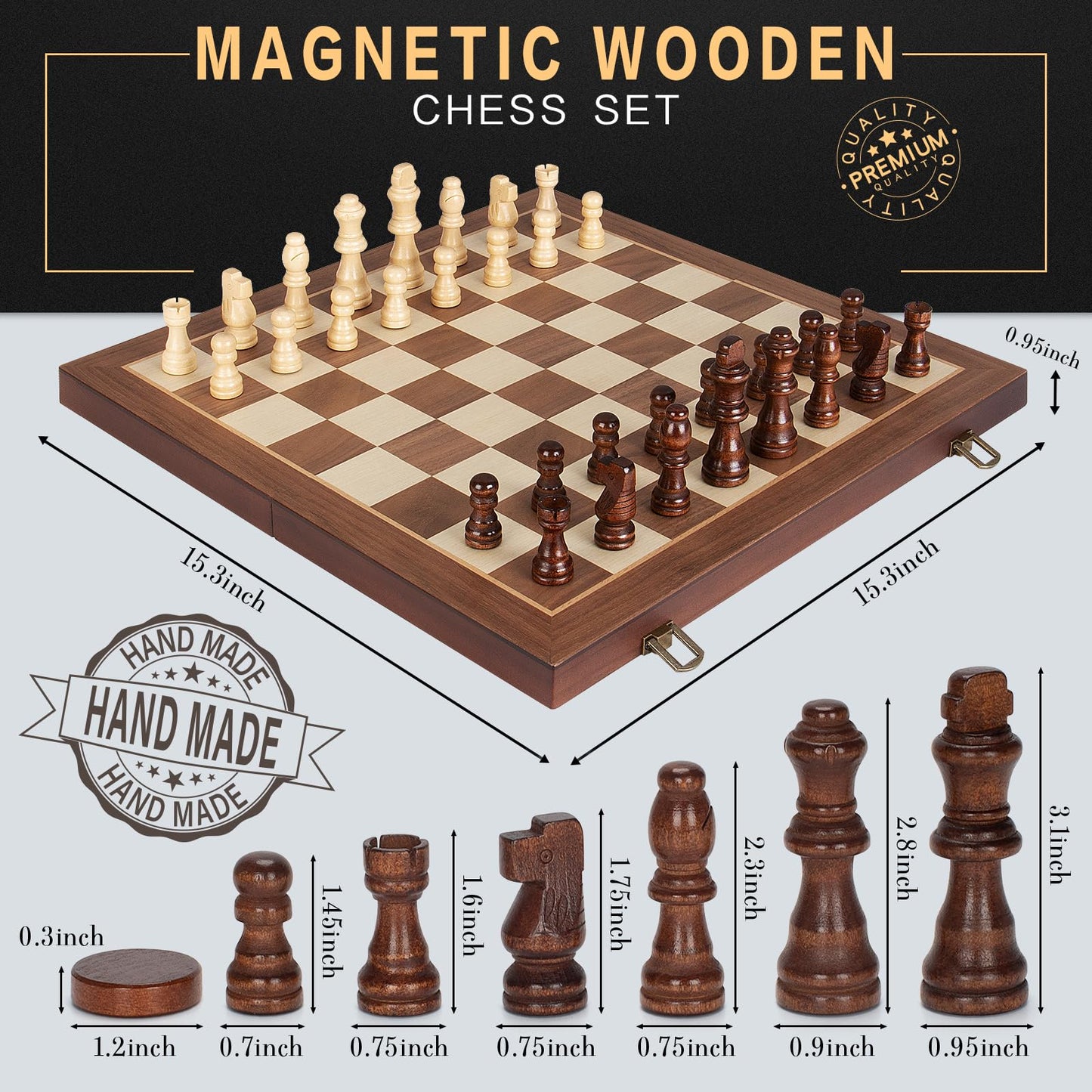 2 In 1 Magnetic Chess Set & Checkers Board Game, 15'' Wooden Folding Chess Board With 2 Extra Queens, Portable Travel Chess Set