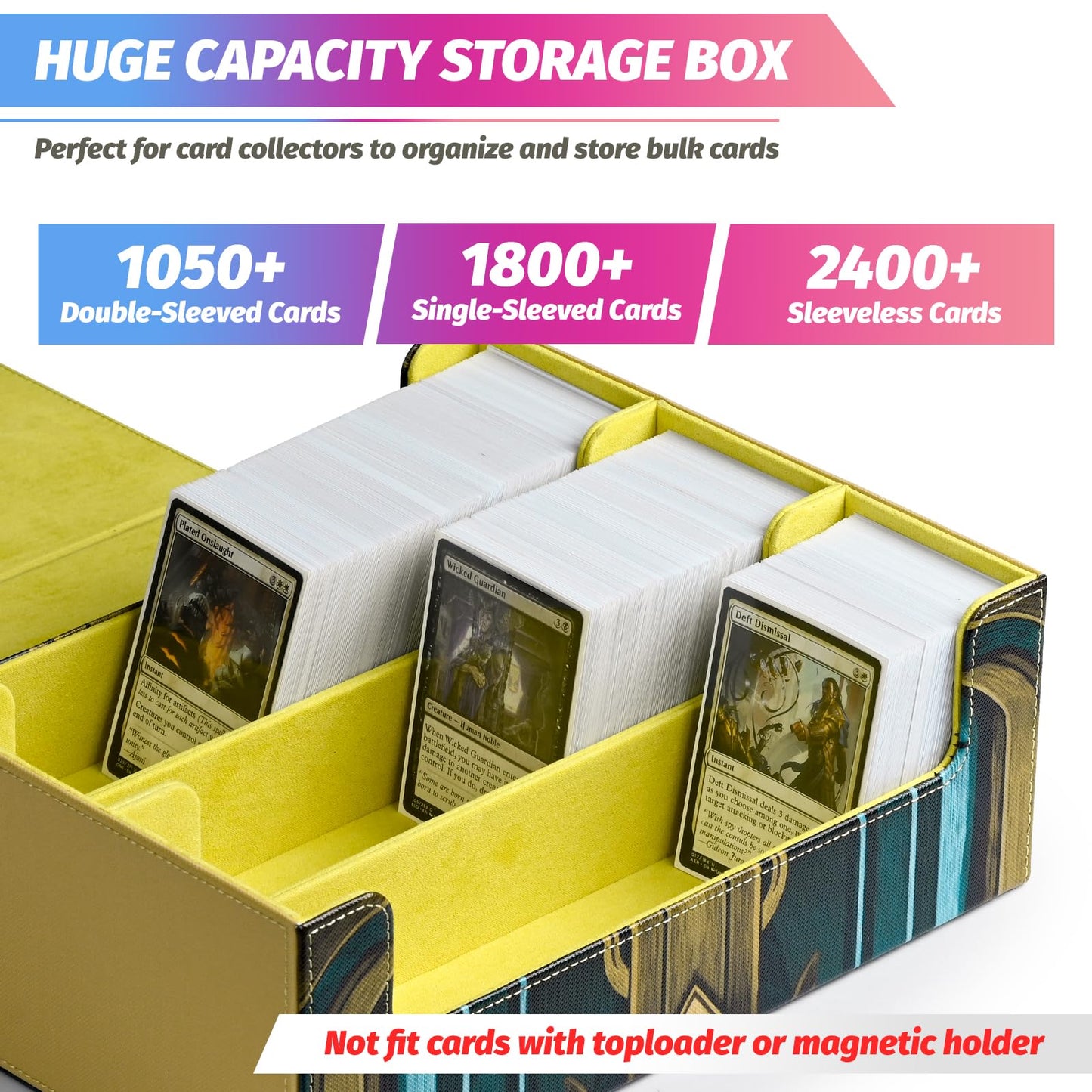 Uaono Card Storage Box For Mtg, Trading Card Deck Box Holds 1800+ With 6 Dividers, Leather Printing Magnetic Closure Card Storage Case Fits Tcg Ccg Sports Cards (Light Yellow, Key)