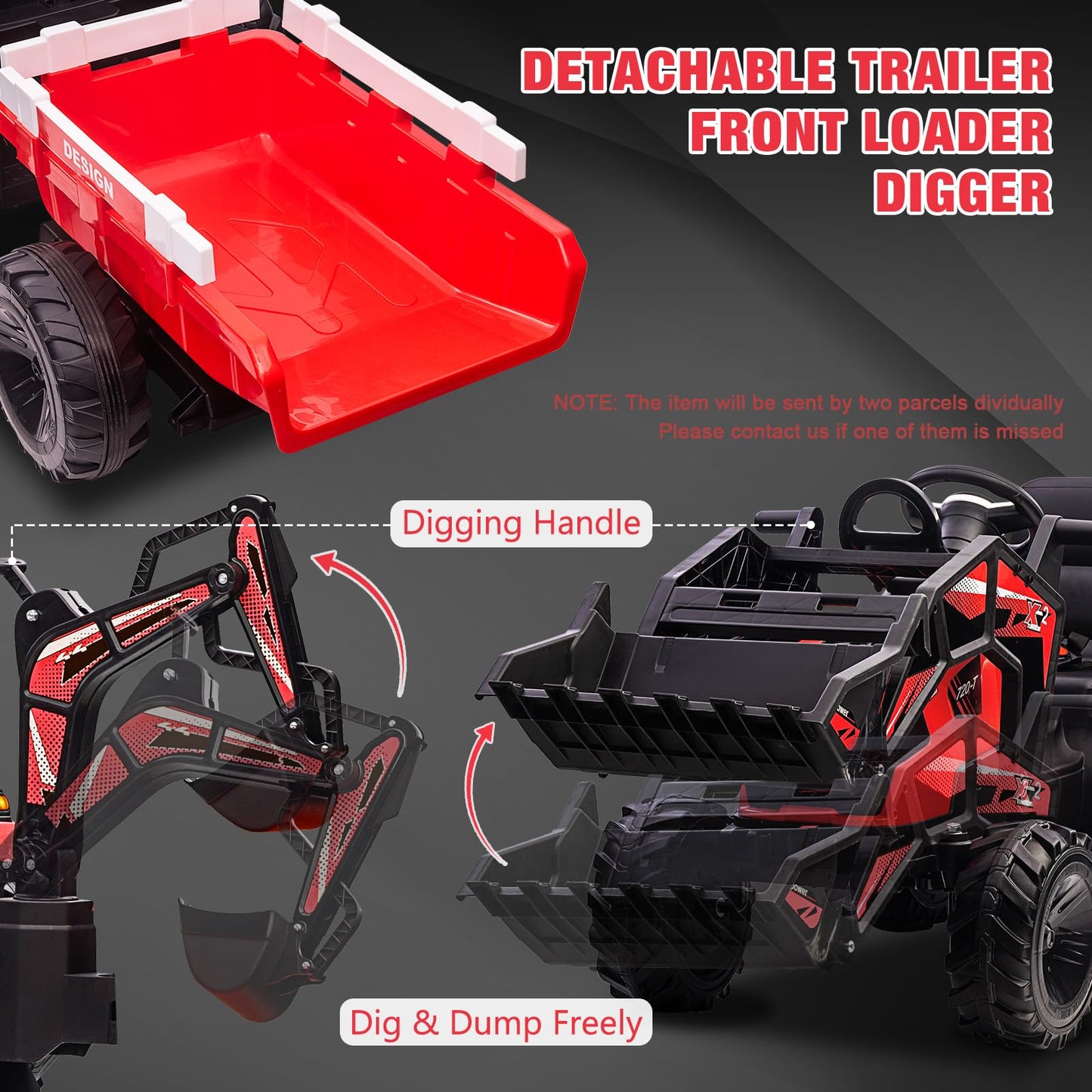 3-In-1 Kids 24V Ride On Tractor, Ride On Car Toy Excavator & Bulldozer - Battery-Powered Electric Vehicle W/Trailer, Digger, Rem