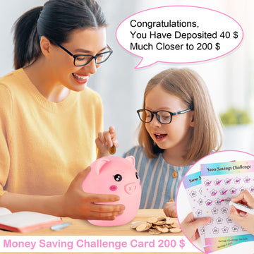 Piggy Bank For Kids Girls, Unbreakable Money Coin Bank With Flower Alphbet Sticker And Money Saving Challenge Cards