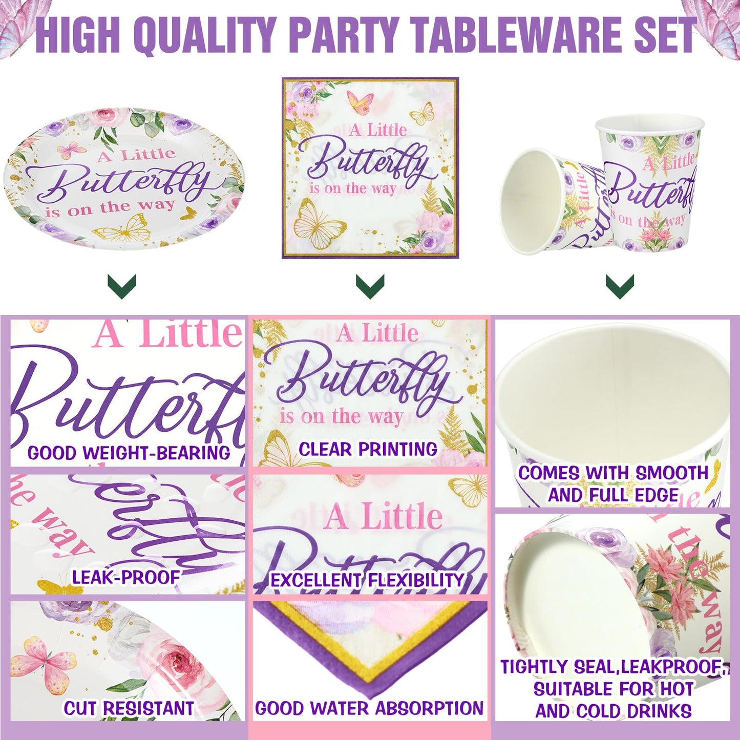 200 Pcs Butterfly Baby Shower Paper Plates Napkins Cups Girl Shower Party Supplies Tableware Set Purple Disposable Cup Napkin Fo