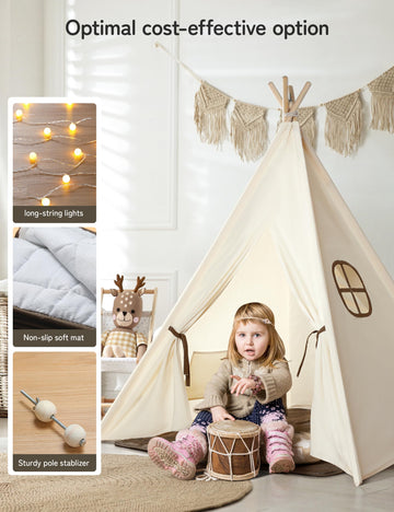 Besrey Kids Tent, Teepee Play Tent With Lights And Padded Mat, Portable Cotton Tipi For Indoor Reading And Playtime