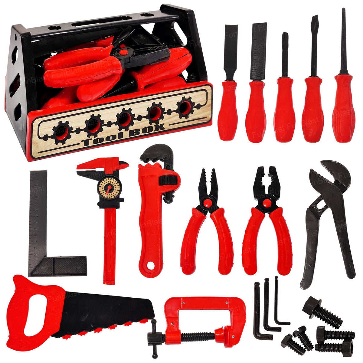 Funblast Pretend Play Tool Kit For Kids 22 Pieces Diy Construction Workshop Set With Carrying Box, Role Play Engineering Toys