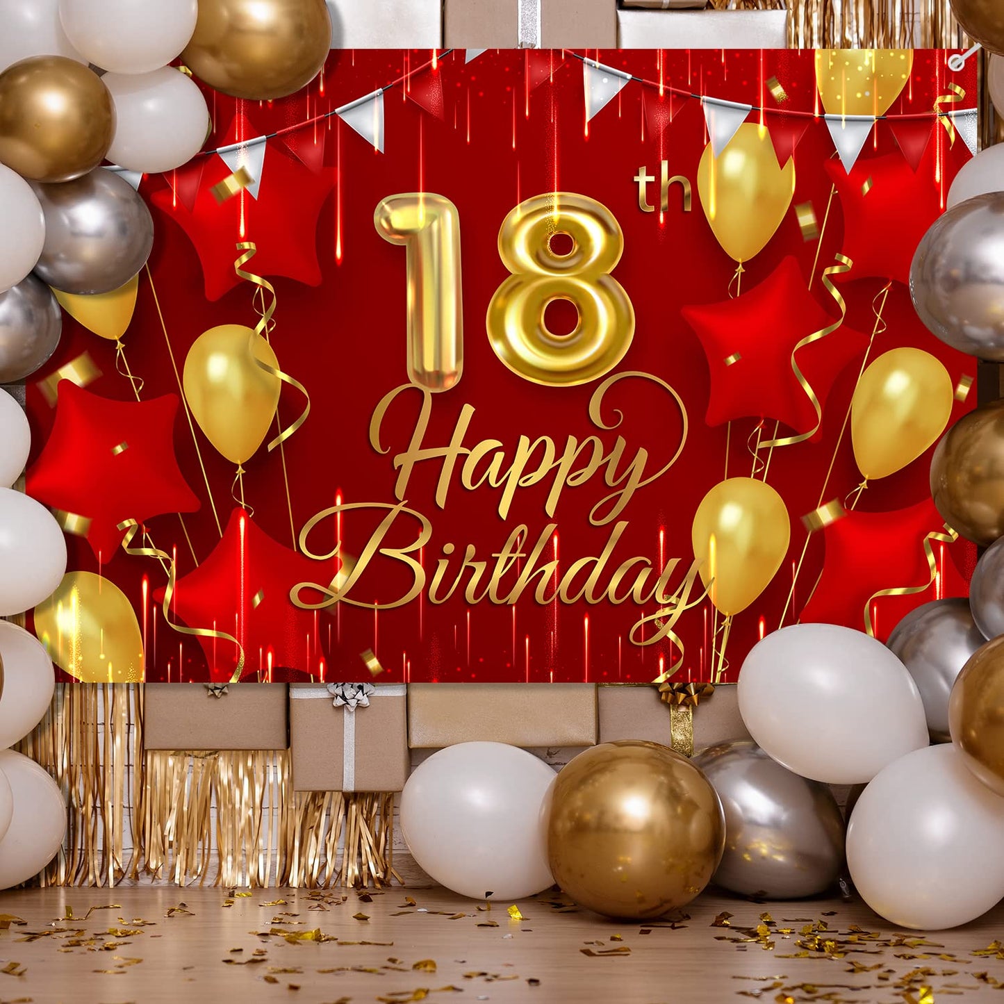 18Th Birthday Backdrop Banner Decorations Red And Gold For Boys Girls Happy 18 Years Old Bday Background Photography Party Decor Sign Supplies