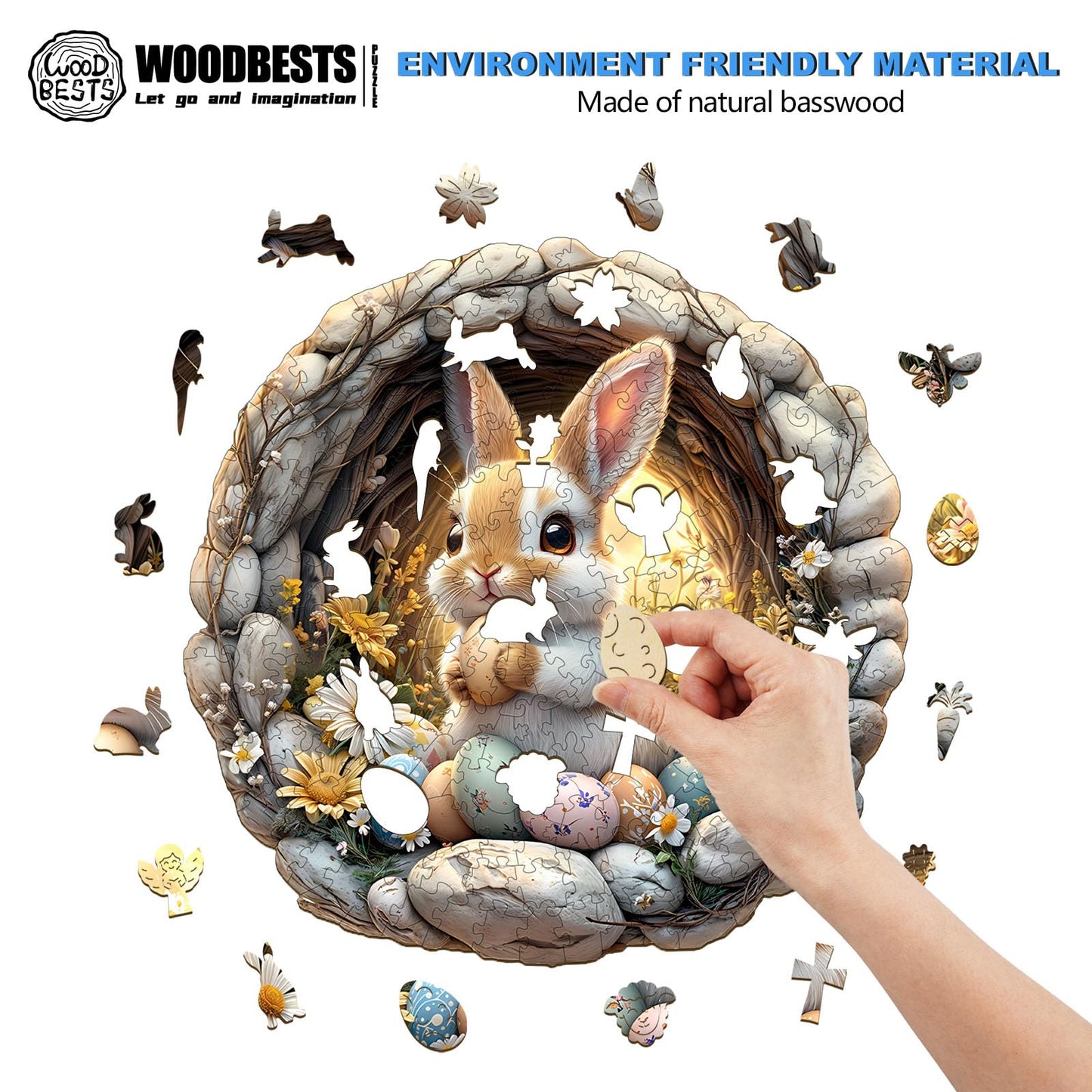 Woodbests Wooden Puzzles For Adults (200 Piece, M, 11.4X11.4 Inches) Easter Bunny Puzzle Beautiful Wooden Box, Wooden Jigsaw Puz