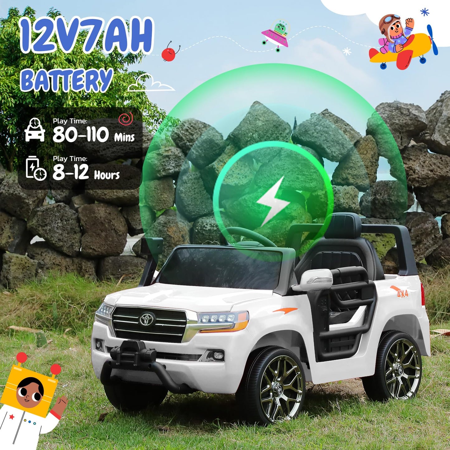 Elemara Toyota Ride On Car For Toddler, 12V7Ah Electric Car For Kids With Remote Control,Diy Building Blocks & Storage Area,Kid Driving Car, Electric Vehicles For Kids, 3.5Mph,3 Speeds,Bluetooth-White