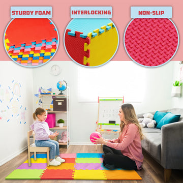 Toyvelt Foam Puzzle Floor Mat For Kids - 12X12 16 Tiles Interlocking Play Mat With Colors, Shapes, Alphabet, Abc, Numbers - Educational Large Puzzle Foam Floor Tiles For Crawling, Non-Toxic