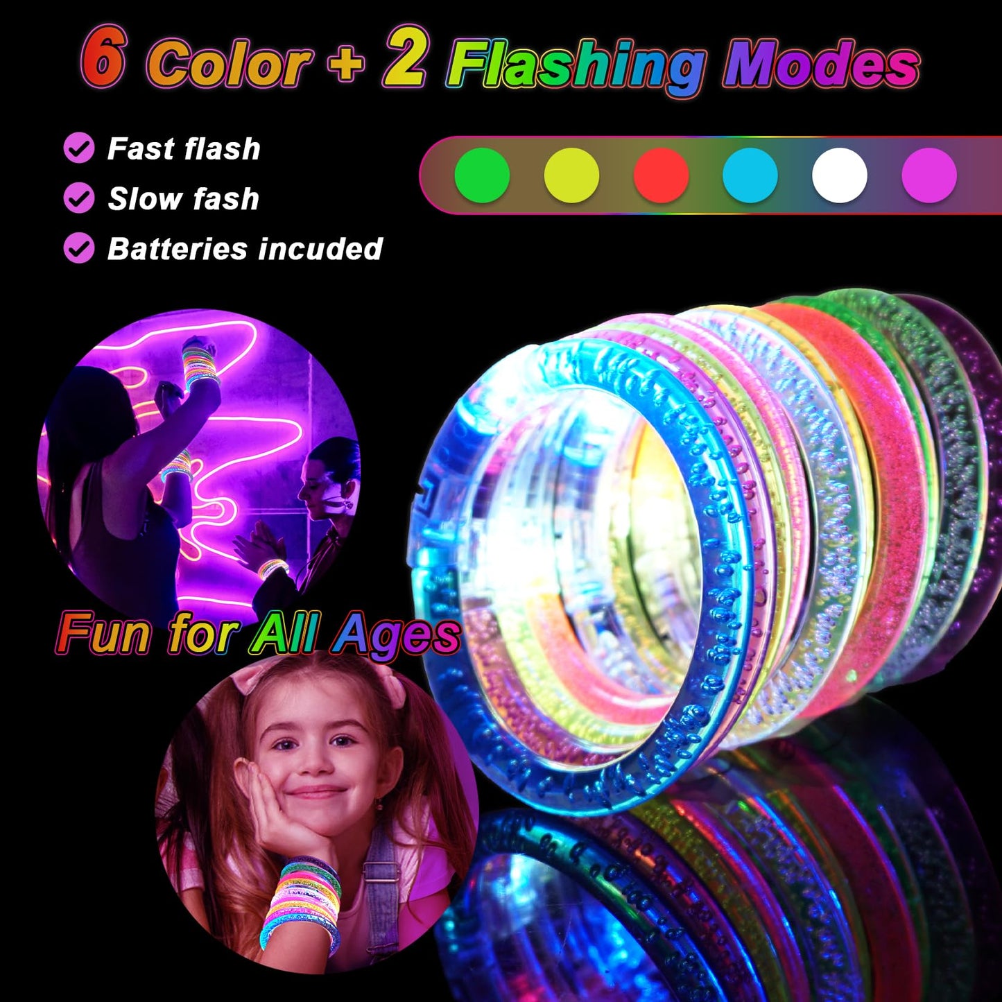 OLUPP 90 Pack Glow Bracelets, Glow Party Supplies Favors,6 Color Glow In The Dark LED Bracelets Light Up Bracelets Glow Sticks P
