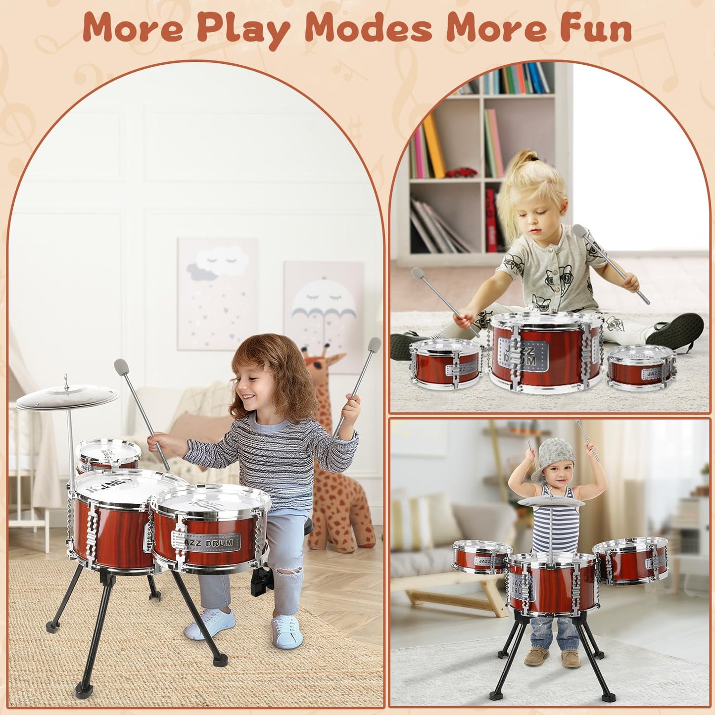 Kids Drum Set Music Toy Drum Set For Toddlers Ages 3-5 Jazz Drum Kit With Stool, 3 Drums Percussion Musical Instruments Toys For 3 4 5 Year Old Boys Girls Gifts