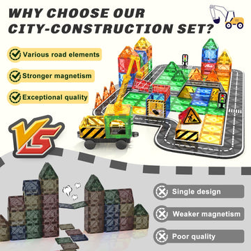 Kids Games Magnetic Tiles Road Set With Extendable Magnetic Crane, City Construction Building Toys For Toddlers Stem Preschool Toys Ages 4-6 5-7, Gifts For 3+ Year Old Boys Girls Kids Toys With Car