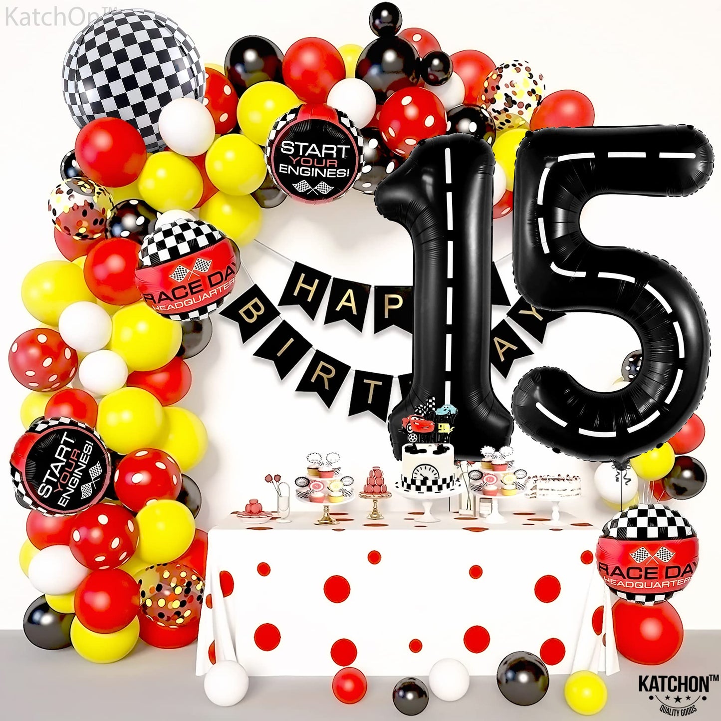Katchon, Gaint Race Car 15 Balloon Number - 40 Inch | Black 15 Birthday Balloon | 15Th Road Birthday Decorations | 15 Year Old Balloon For 15Th Construction Birthday Decorations | Number 15 Balloon