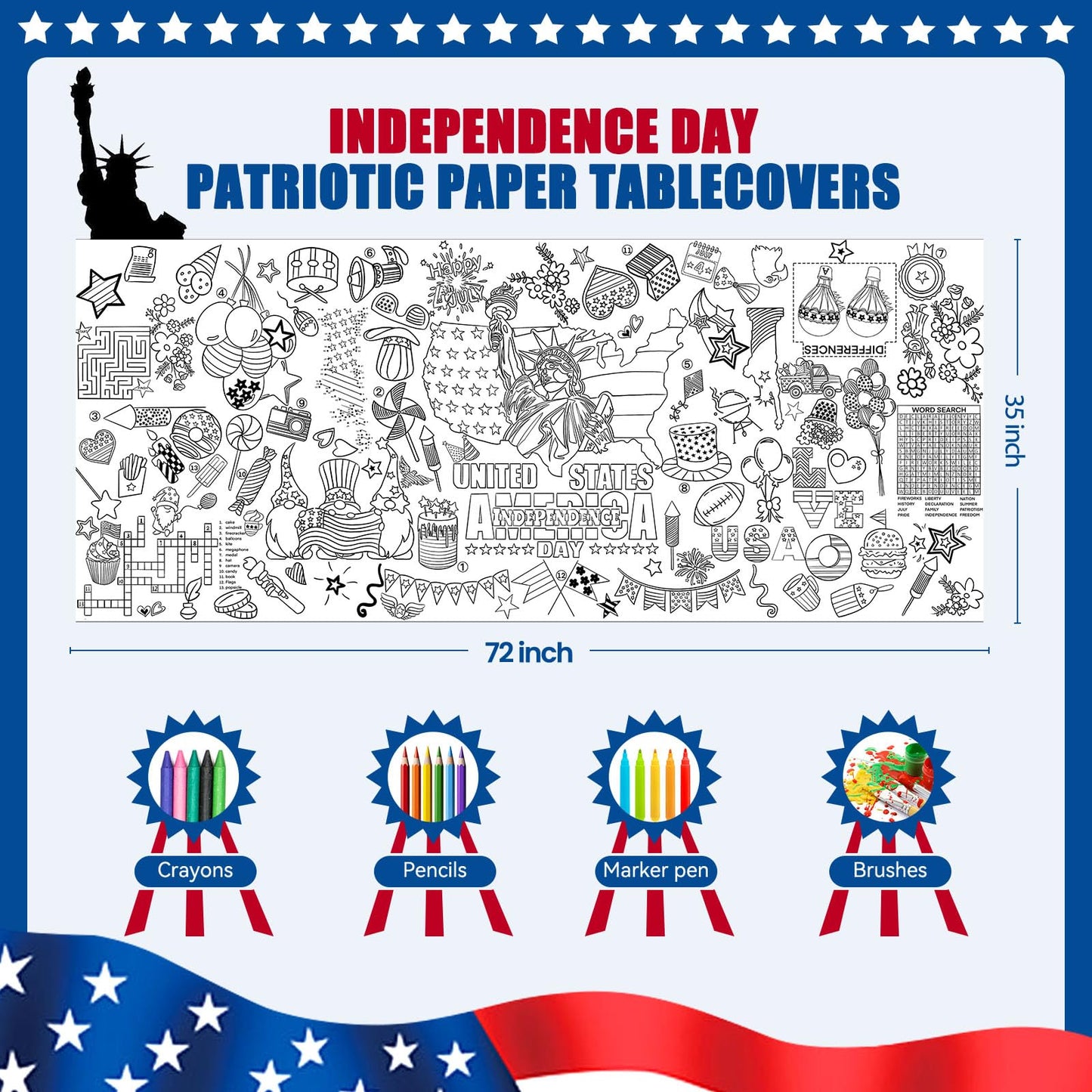Padtic Independence Day Giant Coloring Poster,35X72Inch 4Th Of July Drawing Paper Coloring Tablecloth,Diy Statue Of Liberty Amer
