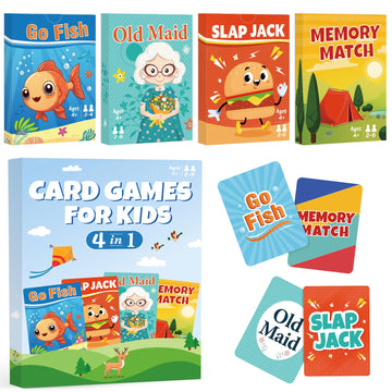 Etyishe Card Games For Kids Toddlers,Go Fish,Old Maid,Slap Jack And Memory Match,4 Decks In 1 Pack,Fun Educational Gard Games Fo