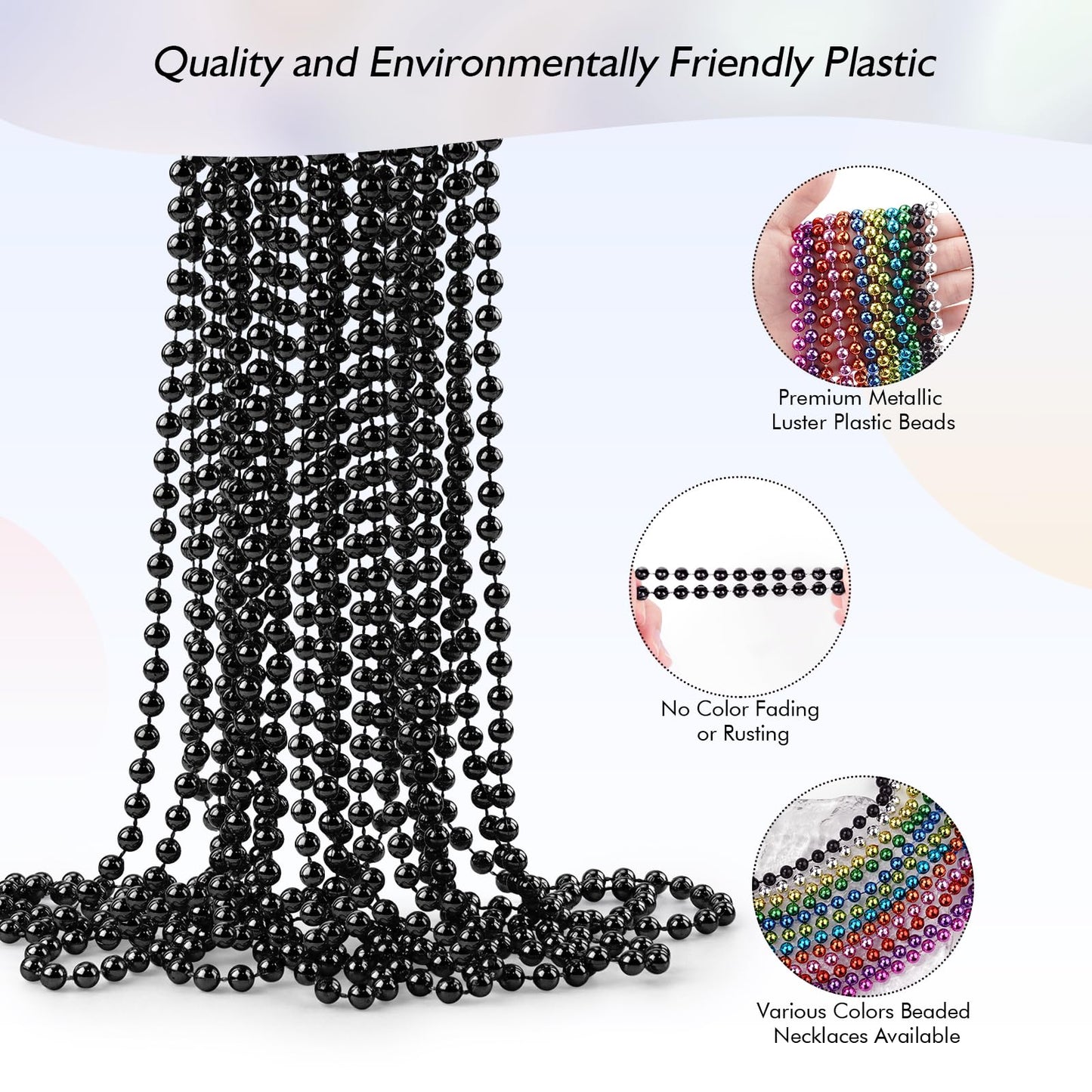 ZZYFGH 33'' 7mm Metallic Black Bead Necklace Bulk, Mardi Gras Round Beaded Necklaces for Party Favors Costume Necklace (12 Pcs)