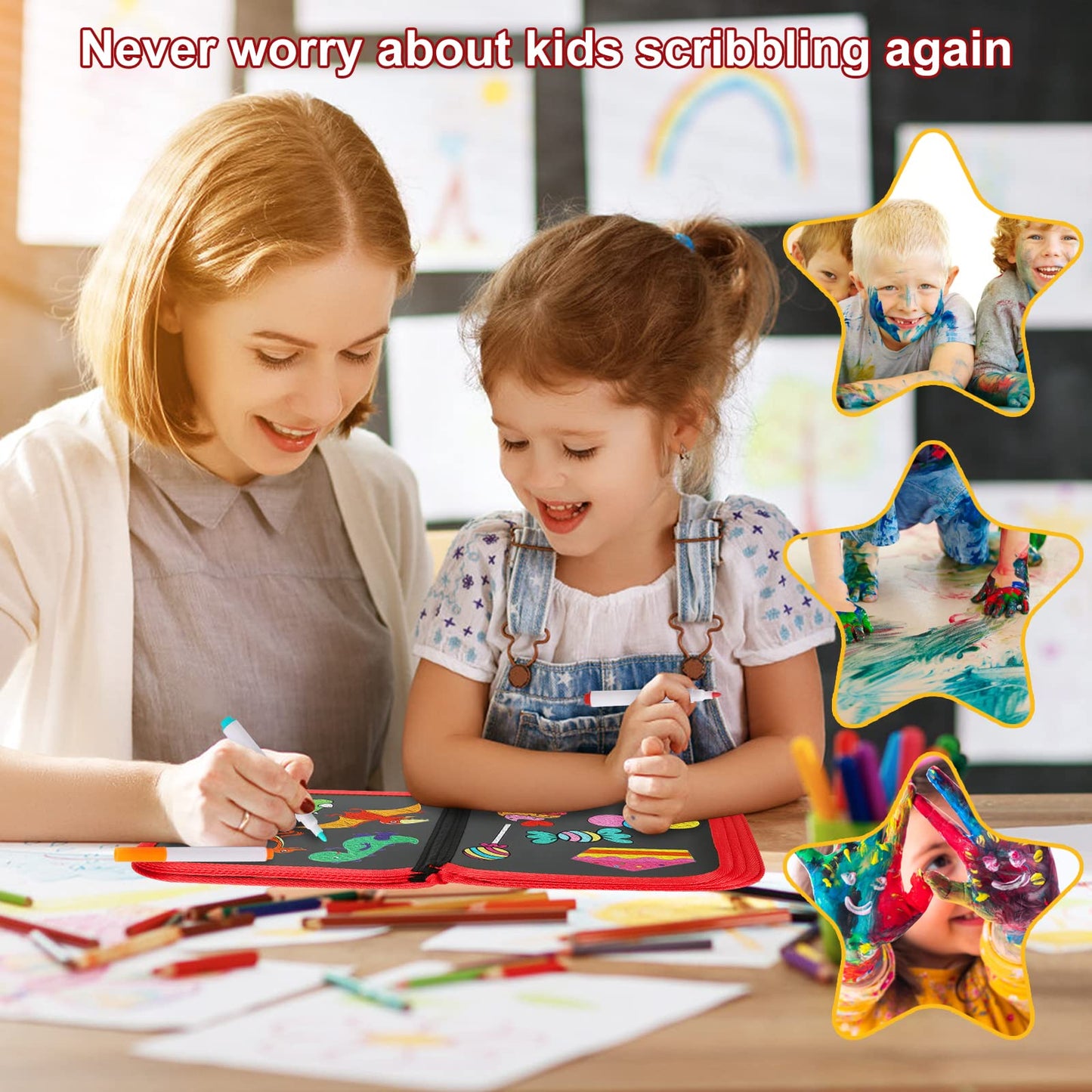 Qrytoi Erasable Book Doodle Set for Kids, Magic Drawing Book with 12 Watercolor Pens, Reusable 14 Page Art Set for Boys and Girl