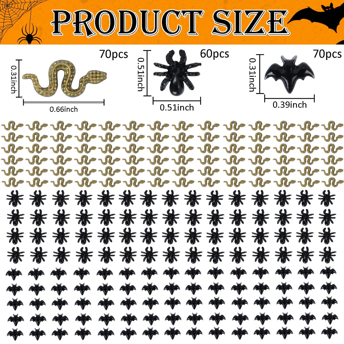 200 Pieces Miniature Halloween Decorations Tiny Resin Insect Mini Spiders Mini Bats Mini Snakes Halloween Miniatures For Crafts