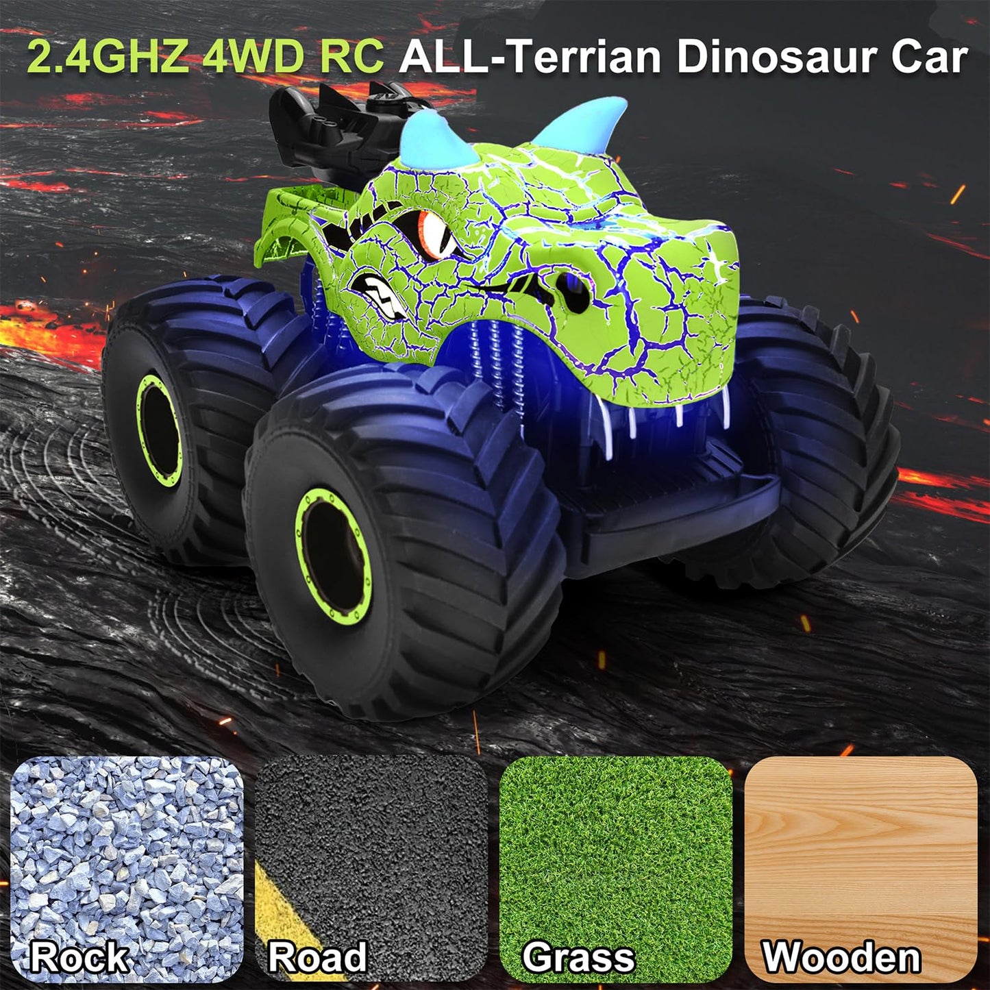 Onadrive Remote Control Dinosaur Car Toys for Kid Boys, 2.4GHz RC Monster Truck Toys with Spray, Light, Sound, All Terrain Recha