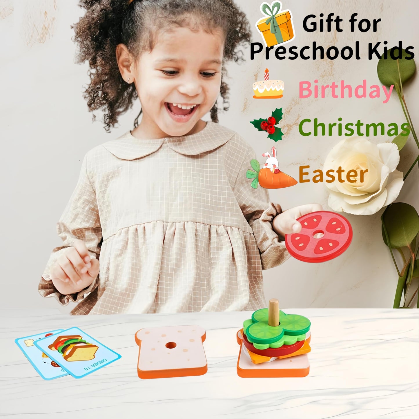 Montessori Toys For 3+ Year Old, Wooden Sandwich Stacking Food Toys For Toddlers 3 4 5, Preschool Learning Activities Fine Motor