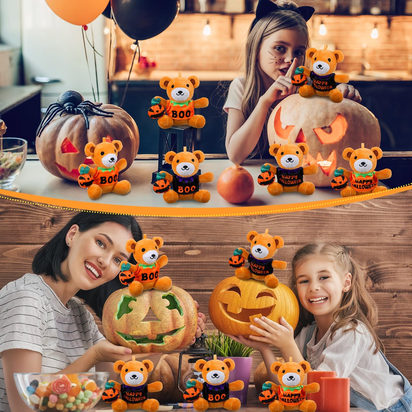 Roundfunny 20 Pcs Halloween Stuffed Animals Bears Bulk 4.5 Inch Mini Plush Bears With Halloween T-Shirt And Jack O Lantern Mini