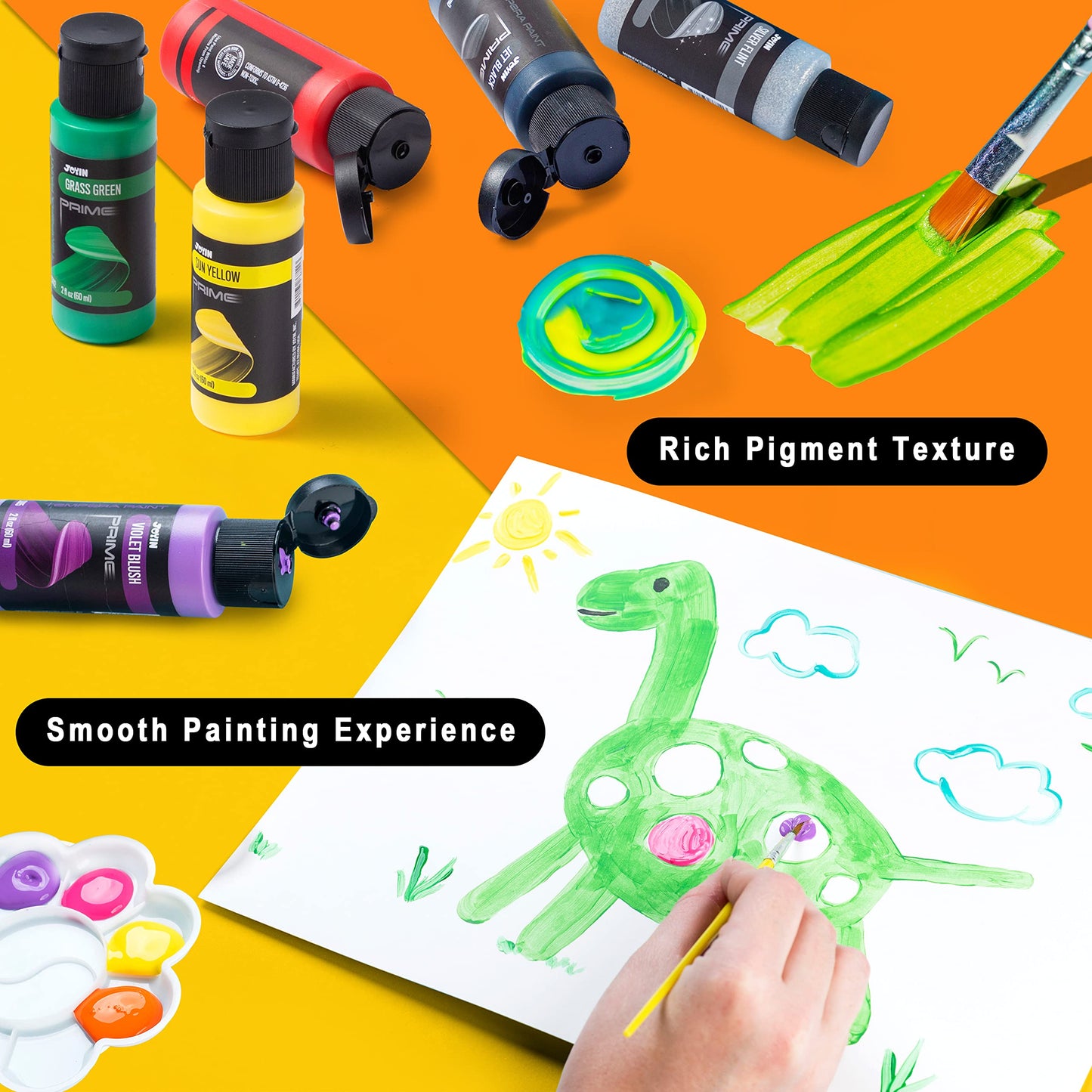 Joyin 12Pcs Washable Kids Tempera Paint Set (2 Oz Each), Liquid Poster Paint With 6 Brushes, 2 Palette & 1 Paint Brush Clean Bucket, Non-Toxic Kids Paint For Finger Painting, Hobby Painters