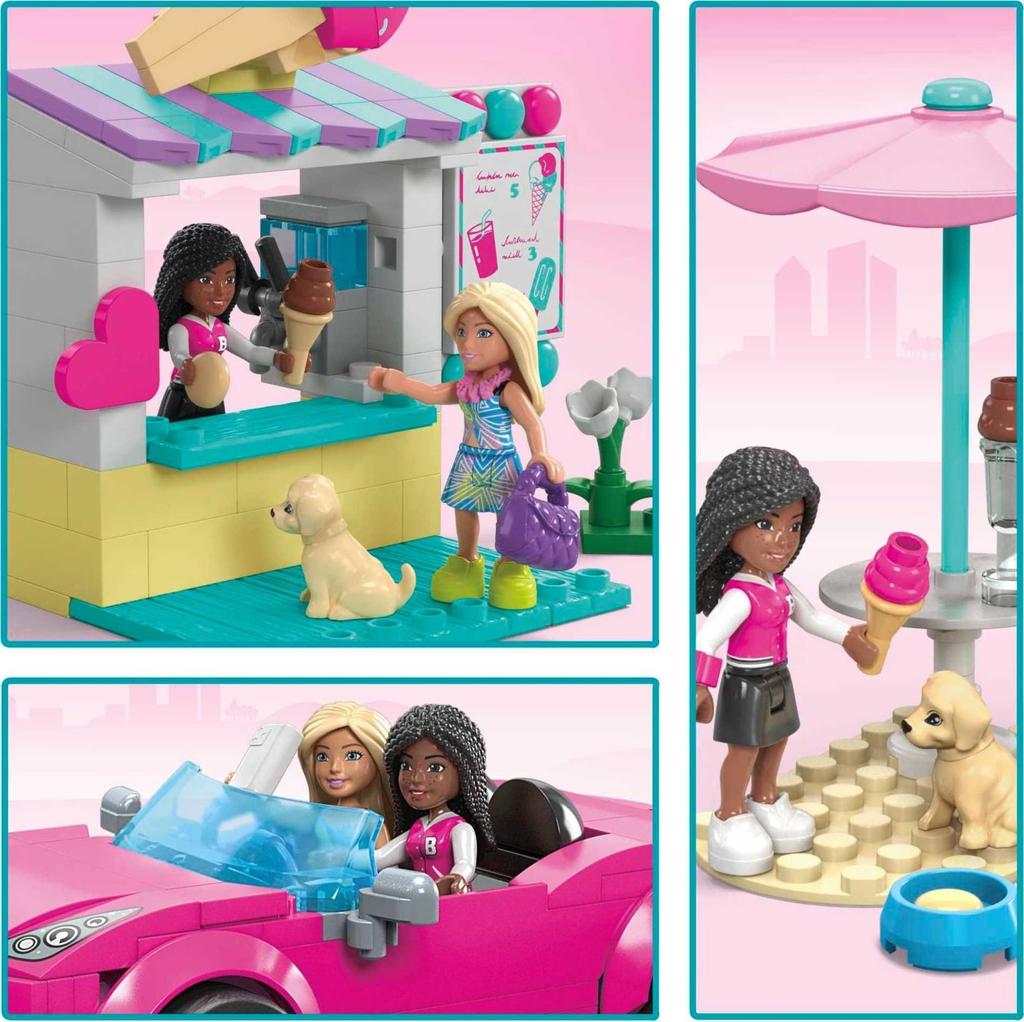 Mega Barbie Car Building Toys Playset, Convertible & Ice Cream Stand With 225 Pieces, 2 Micro-Dolls And Accessories, Pink,