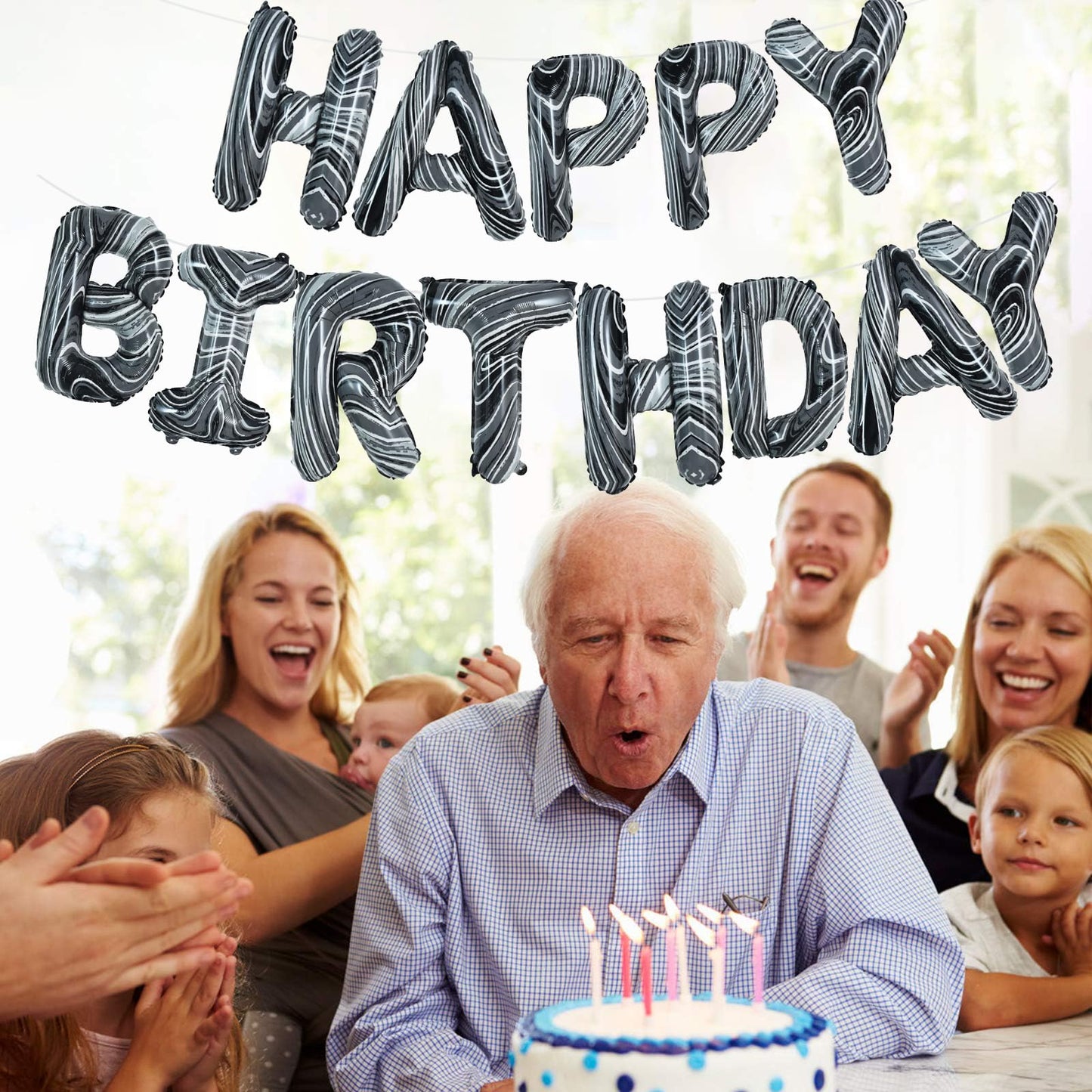 Toniful Black Marble Happy Birthday Balloons Banner,16 Inch Mylar Foil Letters Birthday Sign Bunting For Girls Boys Kids & Adult