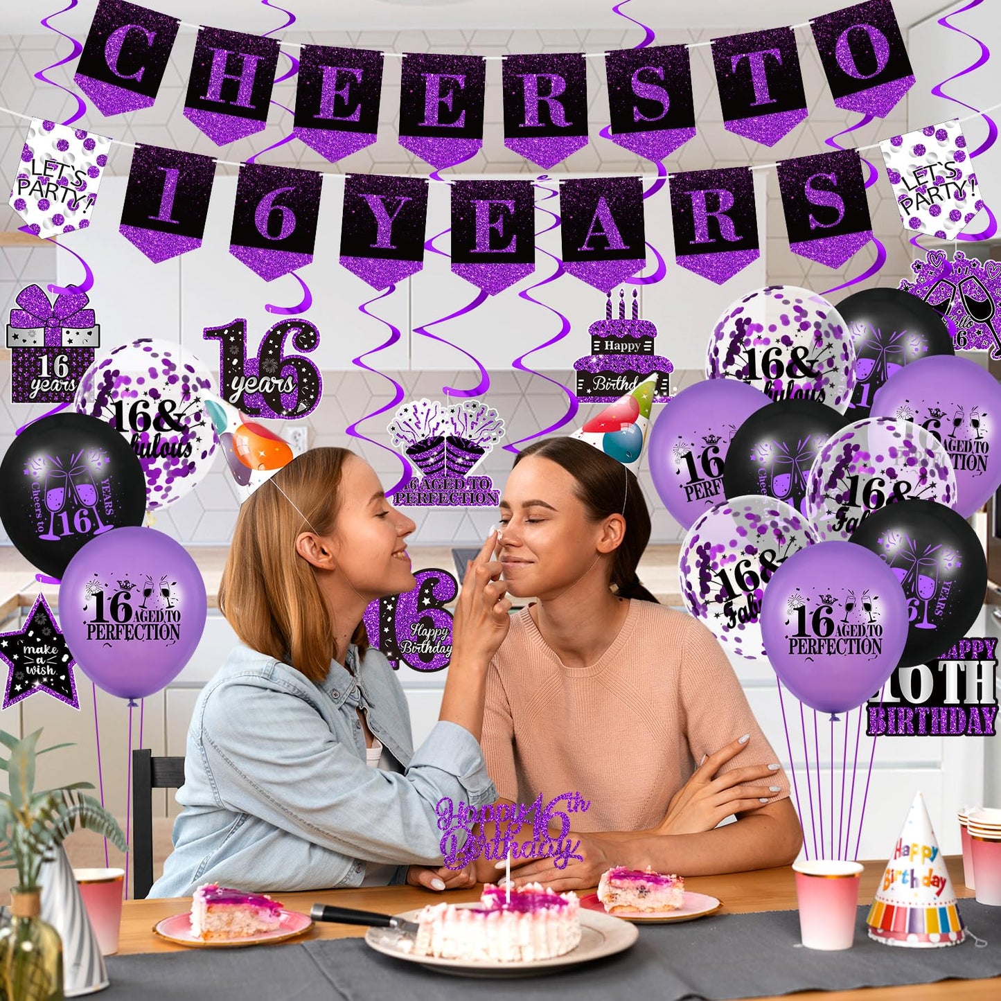 Purple 16Th Birthday Decorations For Girls Boys Purple Black 16Th Birthday Banner Hanging Swirls 16Th Birthday Balloons Happy 16Th Birthday Cake Topper For Purple Cheer To 16 Years Party Supplies