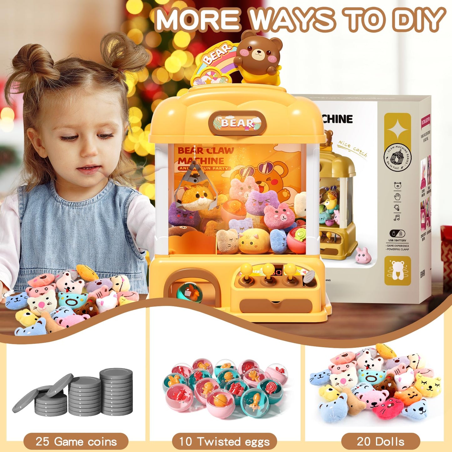 Aiqi Bear Kids Claw Machine, Candy Vending Grabber, Prize Dispenser Toys For Girls And Boys, Electronic Claw Game Machine For Pa