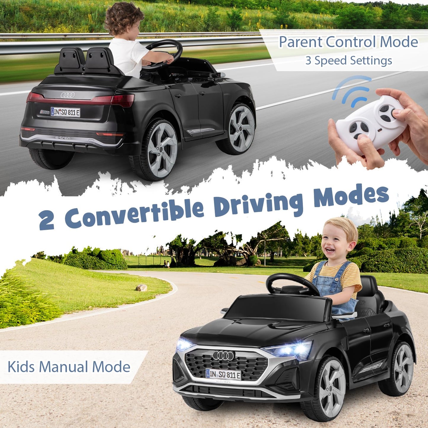 Costzon 12V Kids Ride On Car Licensed Audi Sq8, Remote Control Ride On Toy, Battery Powered Electric Vehicle With Spring Suspension, Music & 3 Speeds, Horn, Led Lights, Gift For Boys Girls 3+ (Black)