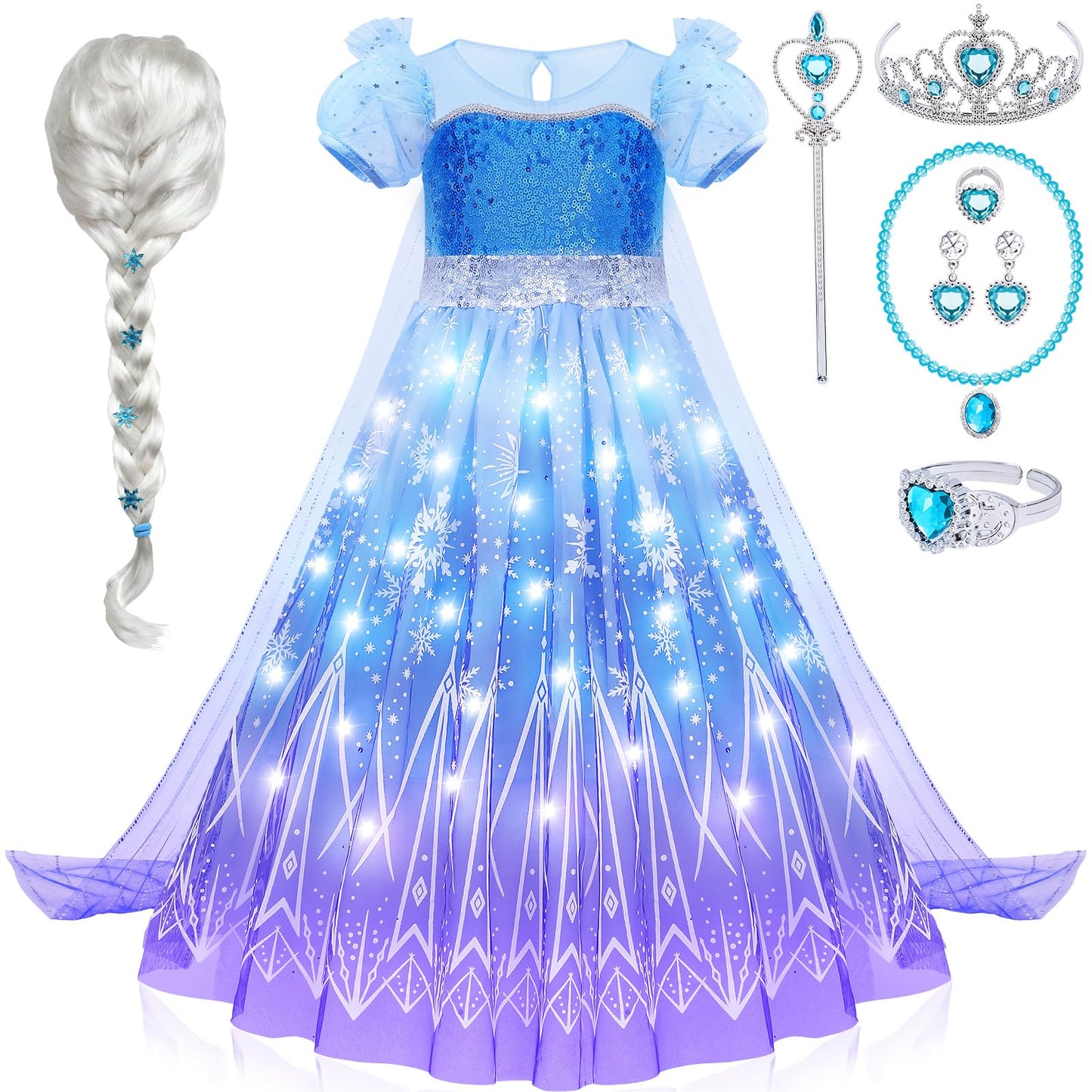 G.C Girls Light Up Elsa Costume Dress Princess Dress Up Clothes With Cape Toddler Kids Wig Crown Halloween Cosplay