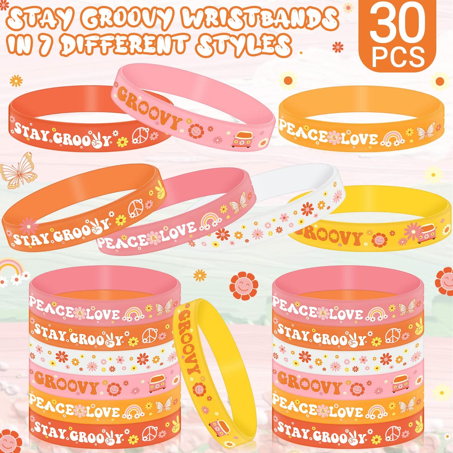Sasylvia Hippie Boho Silicone Bracelets Groovy Retro Wristbands Hippie Rainbow Bracelets Daisy Flower Peace And Love Wristbands