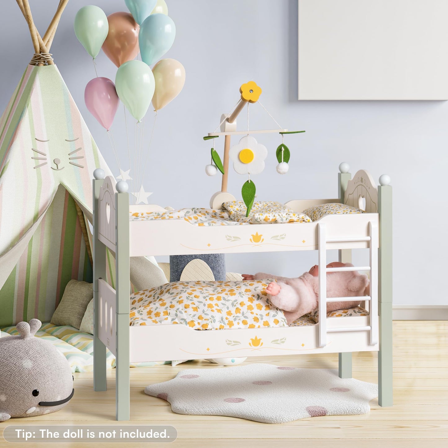 ROBOTIME Baby Doll Bunk Bed, Wooden Doll Crib for 18 Inch Dolls, American Girl Doll Furniture Toy with Bedding (Green, 2 Pcs Bed