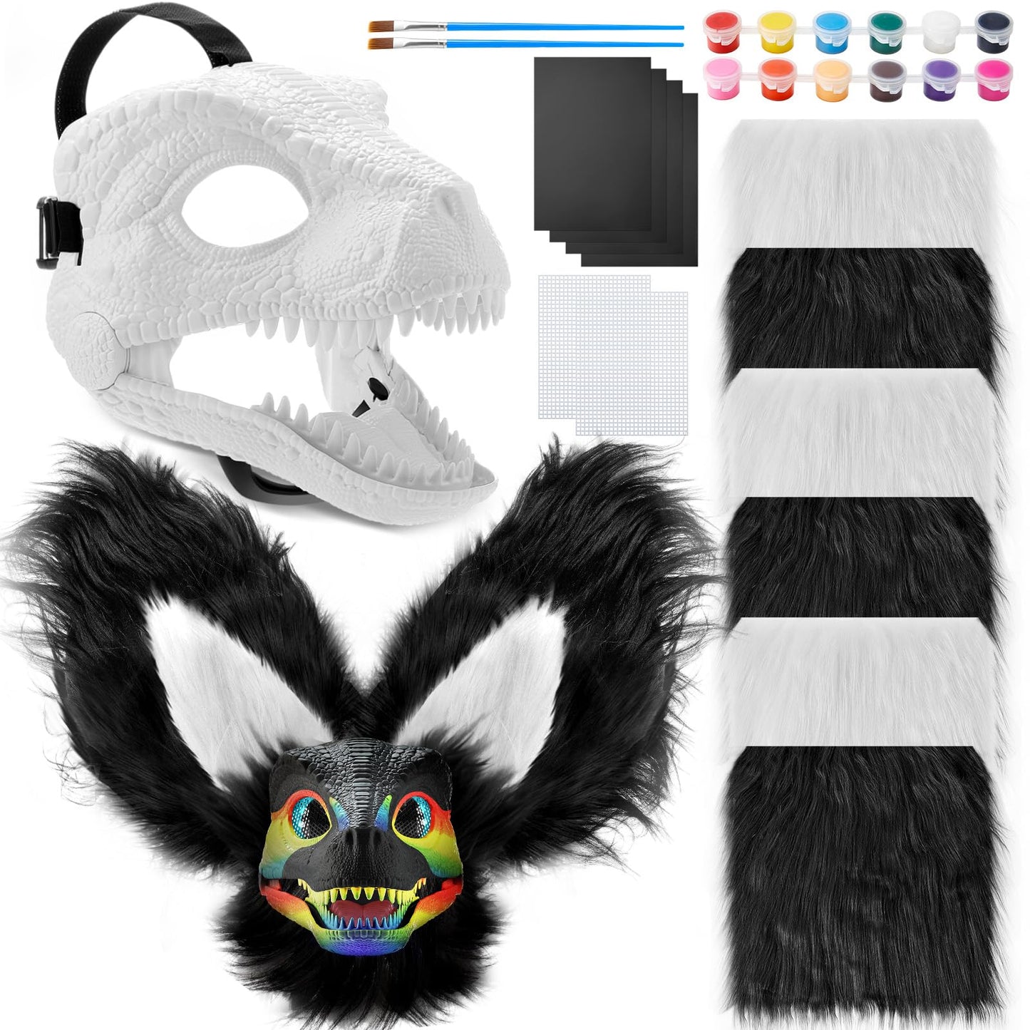 Seenelling 13 Pcs DIY Dino Mask Kit Hard Plastic Dinosaur Mask Furry Therian Dino Costume Kit Animal Dinosaur Party Costume(Blac