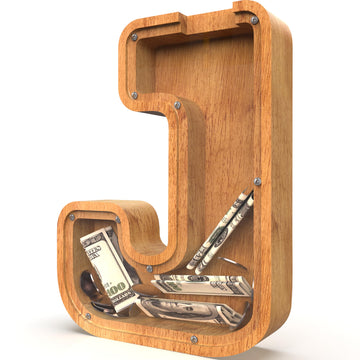 Piggy Bank For Kids Boys Girls, Large Personalized Wooden Letter Piggy Bank With Cut-Out Design, Alphabet Letter Coin Banks, Money Savings Box, Wooden Bank For Kids Creative Gift For Real-Money(J)