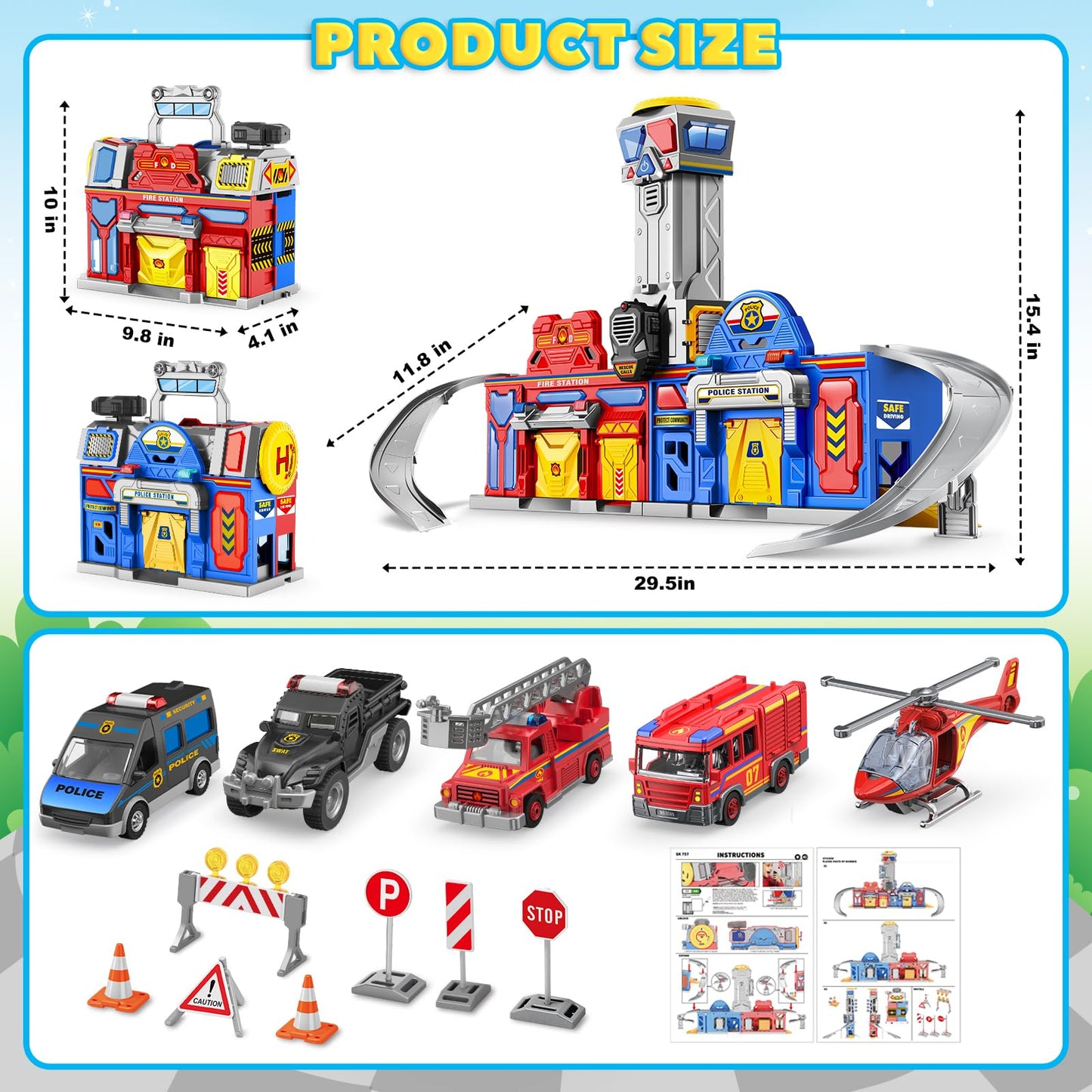 Kids Toys For 3 4 5 6 Years Old Boys, 29.5'' Large City Action Toddler Playset With Lights Sounds, Police & Fire Station Transform Track Toy With 4 Cars, Helicopter, Walkie-Talkie, Gifts For Boy Girl