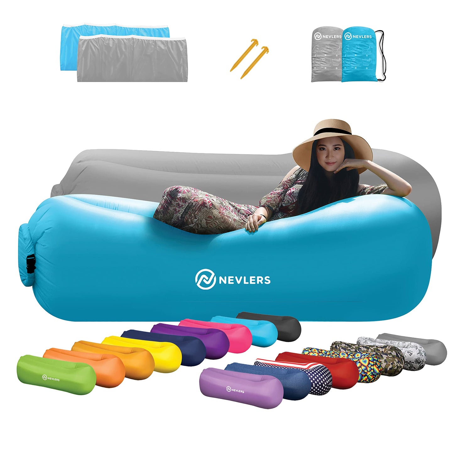 Nevlers 2 Pack Inflatable Loungers With Side Pockets And Matching Bag - Blue & Gray - Waterproof And Portable Lounger - Easy To