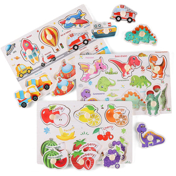Wooden Peg Puzzles For Toddlers 1-3, Kids' Educational Preschool Peg Puzzle Toy, Set Of 3 Toddler Puzzles - Traffic, Dinosaur, And Fruit, Ideal Gift For Ages 1 2 3 Boys And Girls