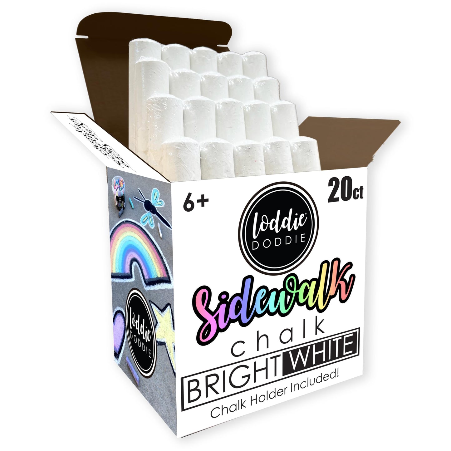 Loddie Doddie- 20Ct Bucket Of Sidewalk Chalk- Bright White- Long Lasting Non-Toxic Jumbo Sticks- Chalk Holder Included