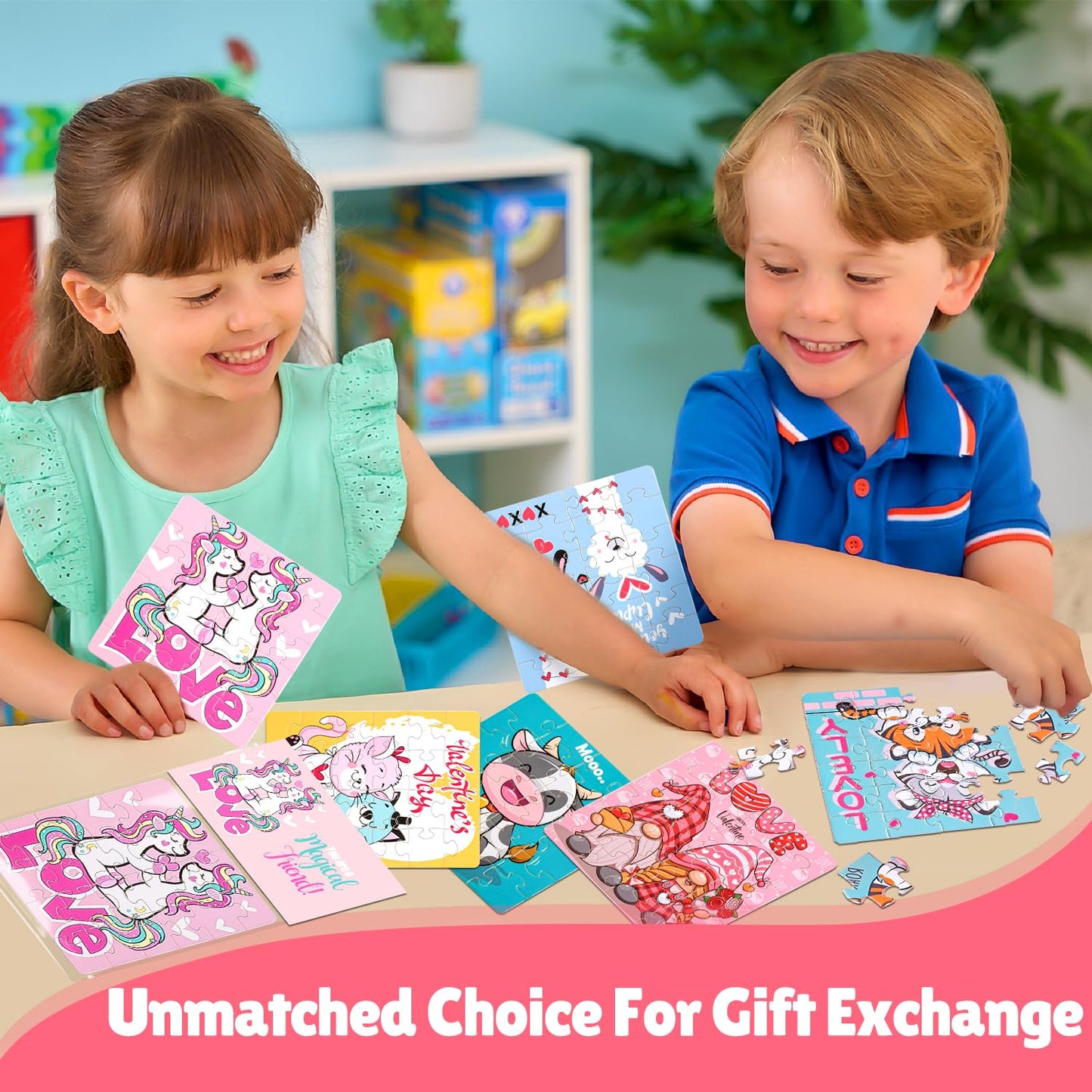 MOVINPE 30 Pack Valentines Day Jigsaw Puzzles with Cards - Multicolored Classroom Exchange Gifts for Kids