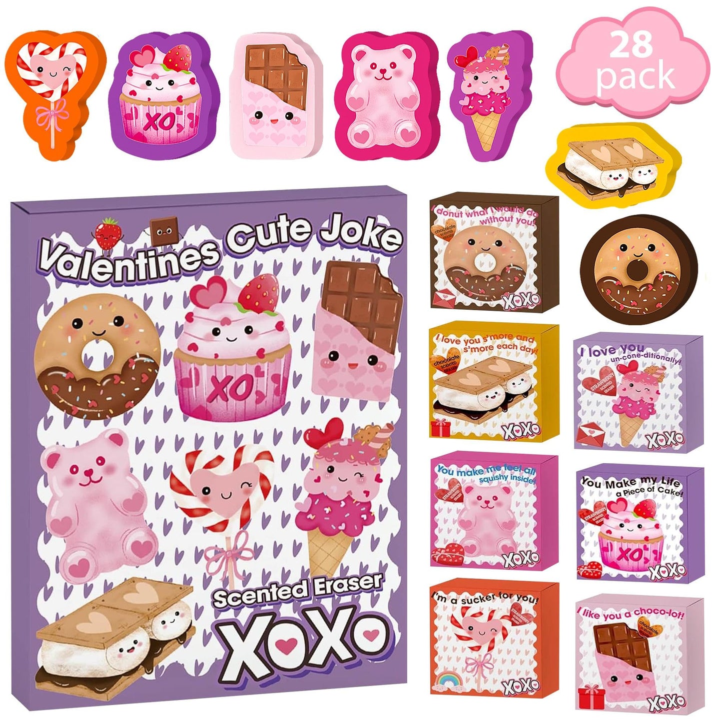 OutsatalinX Scented Valentines Erasers for Kids - 28 Pack Food Scented Erasers with Valentines Boxes, Valentine Exchange Cards f