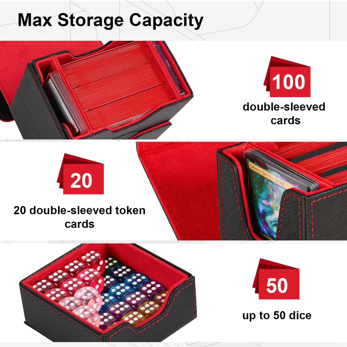 Fabmaker Deck Box For Mtg Commander, 4-In-1 Magic Card Storage Box, Commander Display, Fits 100 Double-Sleeved Cards, Large Card Box For Magic The Gathering With 2 Divider & 35Pt Holder, Red
