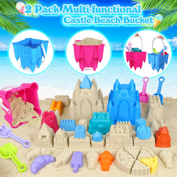 FUSPWEAO Beach Toys Sand Toys for Kids, Sand Castle Toys for Beach with 2 Sand Castle Bucket and Mesh Bag, Sand Molds, Shovels a