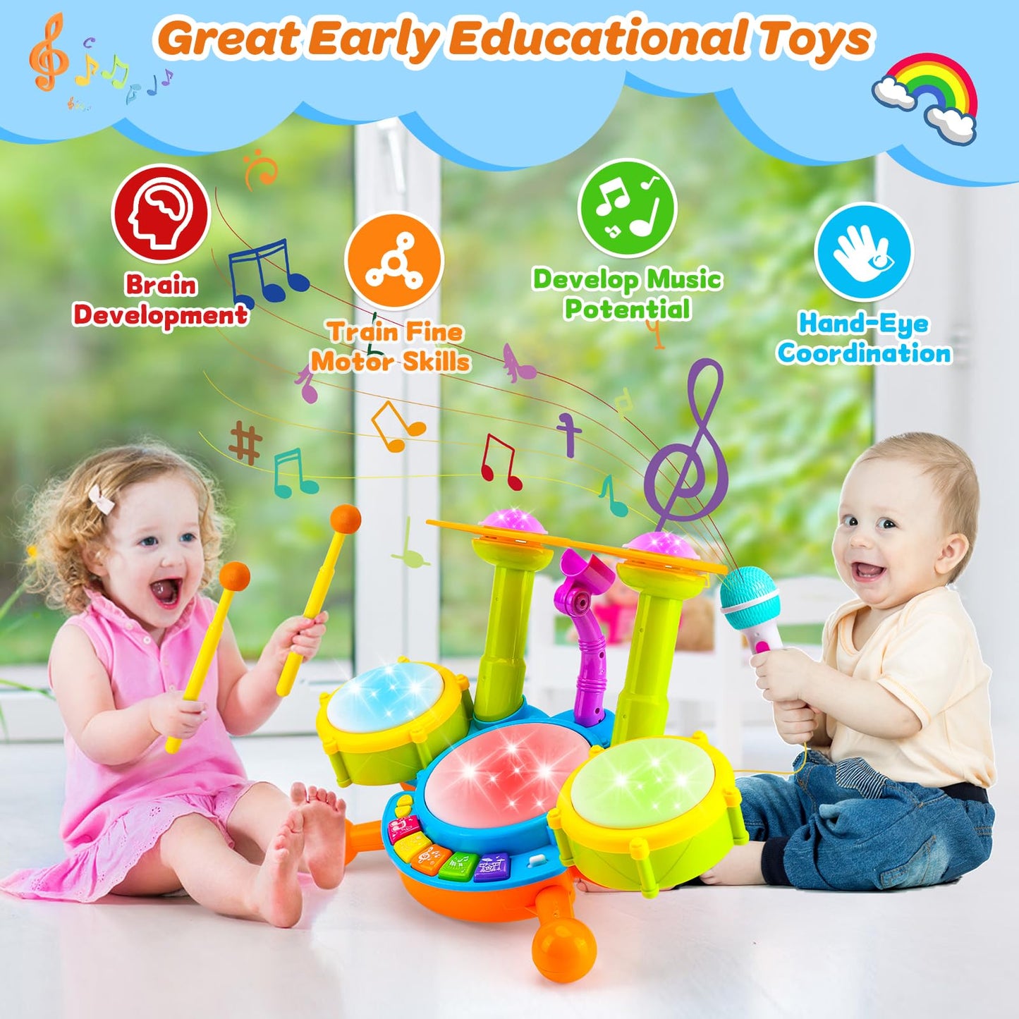 Kids Drum Set For Toddlers 1-3 Musical Baby Toys For 1 Year Old Boy Gifts Montessori Baby Girl Toys With Microphone Light Up Learning Toys Birthday Gifts For Infants 6 9 12 18 Months Toddler Age 1-2
