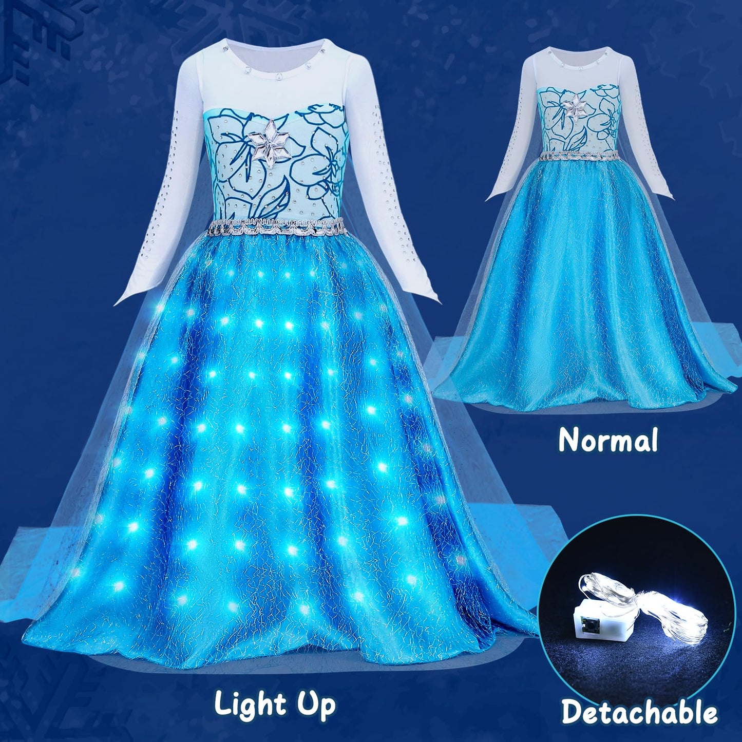 G.C Girls Light Up Elsa Dress Costume Toddler Princess Dress Up With Cape Kids Elsa Wig Crown Wand Toys Halloween Cosplay Birthday Party Gifts