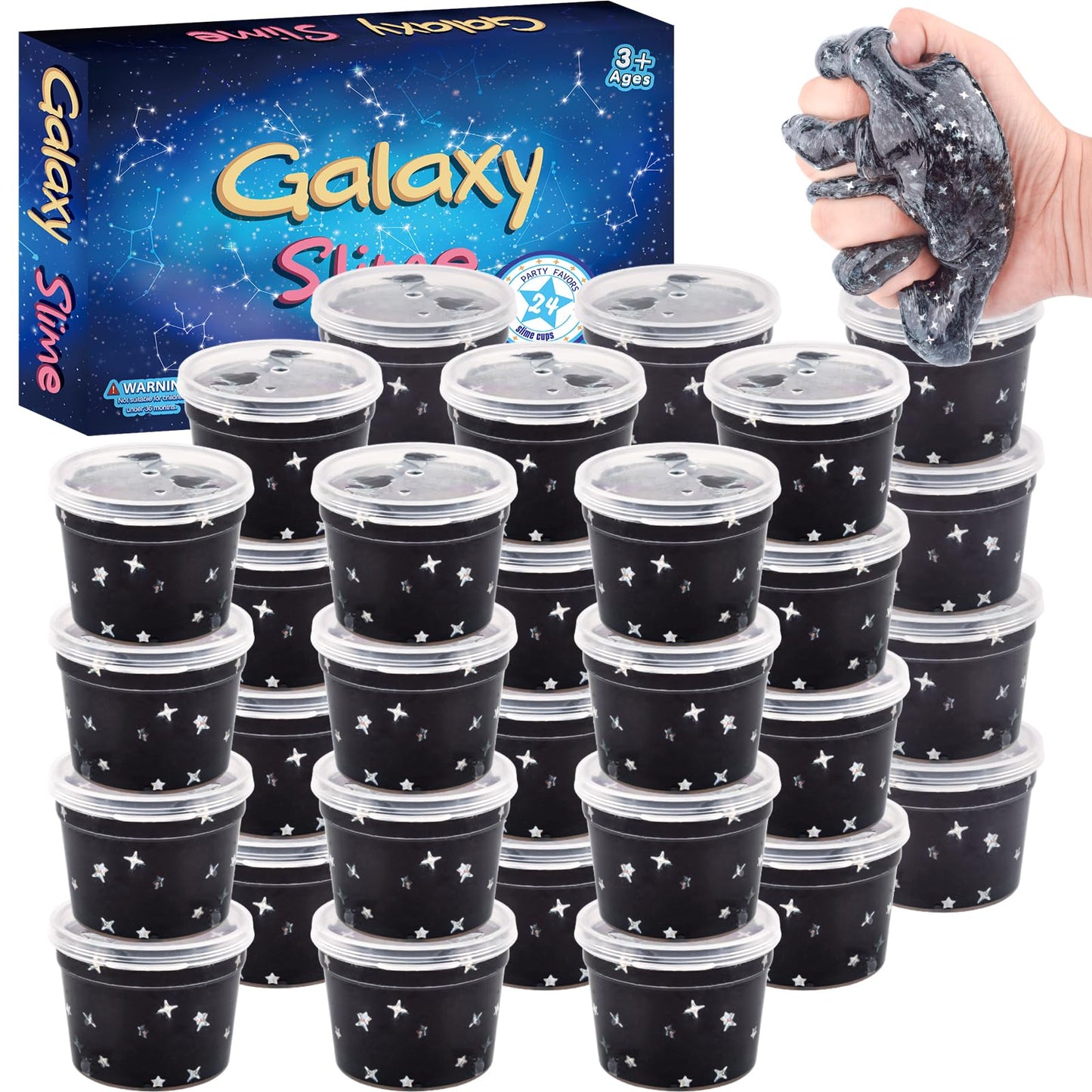24 Pack Black Galaxy Slime Party Favors for Girls & Boys, Galaxy Star Slime Cup Bulk, Super Soft Sludge Toy, Wet, Non Sticky, Bi