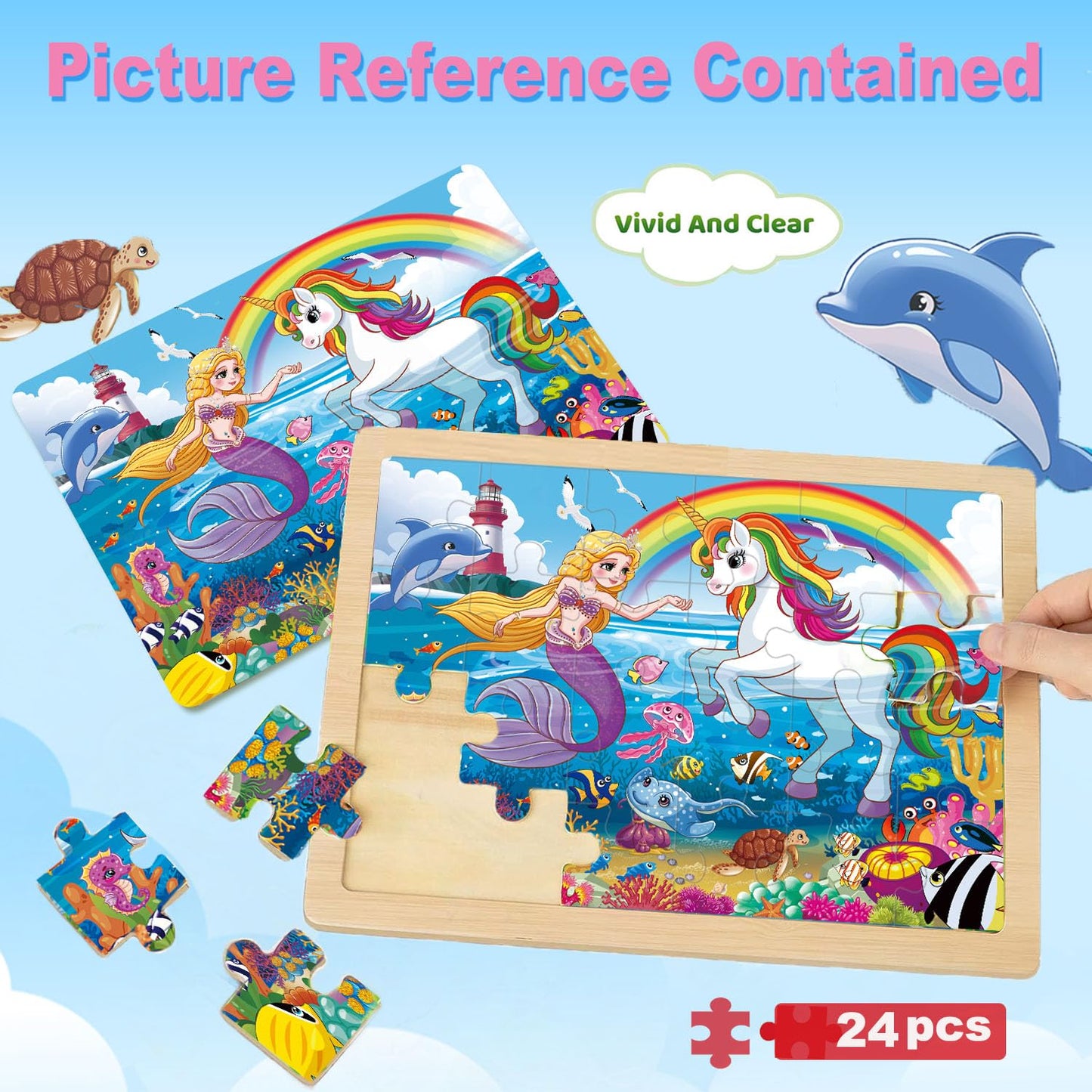 Puzzles For Kids Ages 4-6, Large 24 Pcs Unicorn Mermaid Princess, Wooden Jigsaw Puzzles For Toddlers, Preschool Educational Puzz