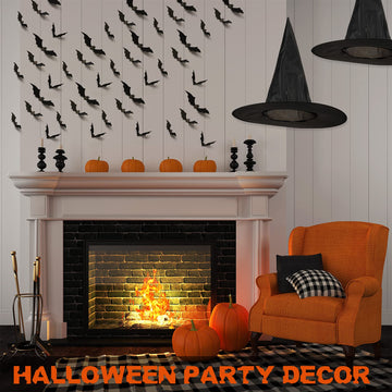 Sumind Halloween Decorations 6 Pcs Hanging Witch Hats With 60 Pcs 3D Bat Spider Stickers, Witch Costume Accessories Floating Witch Hats Halloween Decor(Bats)