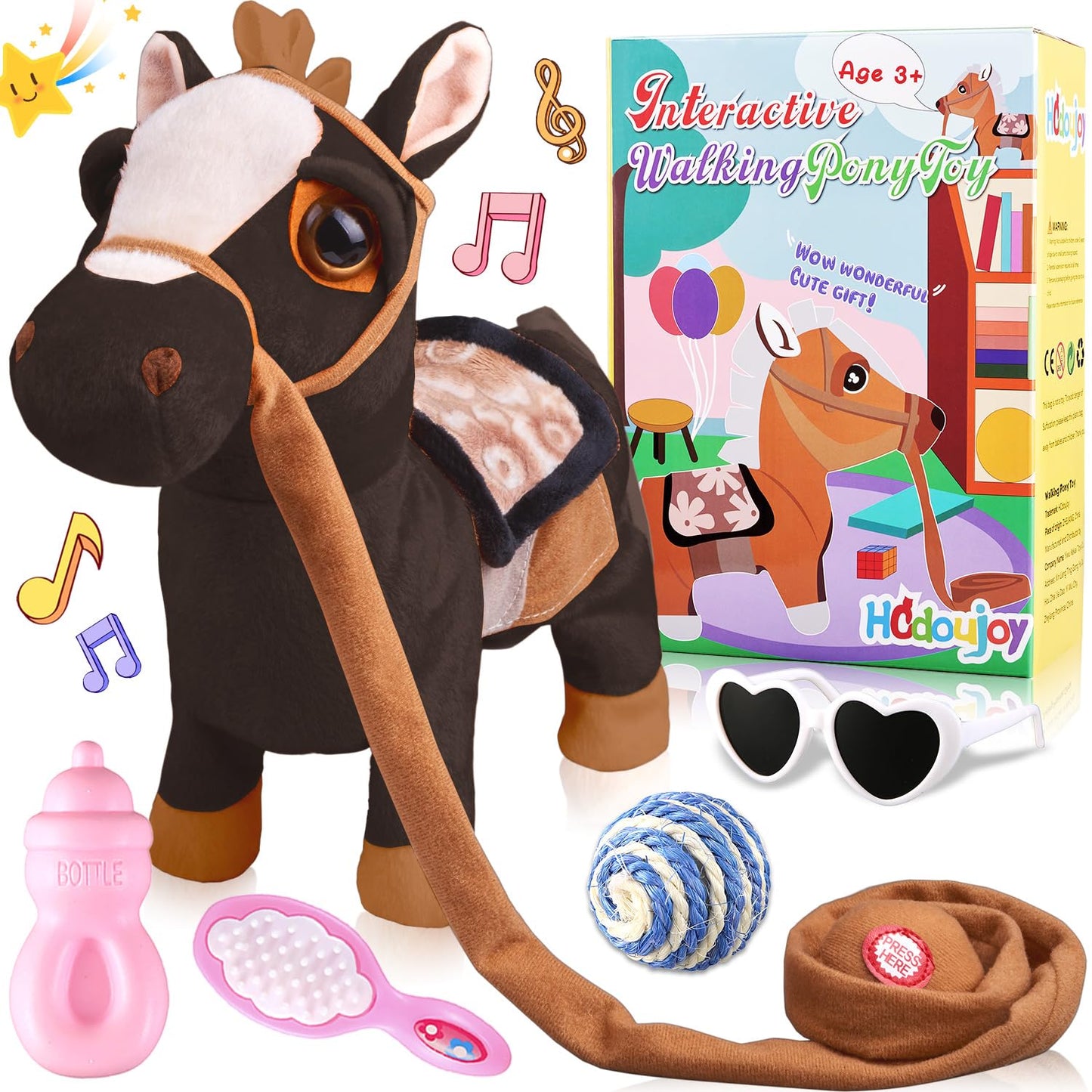 Black Walking Pony Plush Interactive Pony Toy Singing Dancing Musical Realistic Pony, Stuffed Shaking Leash Horse Toy Head Butto